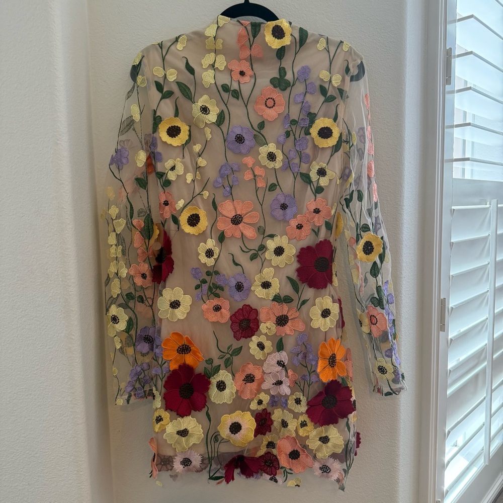 Multicolored Floral Appliqué Open Back Long Sleeve Mini Dress Womens S